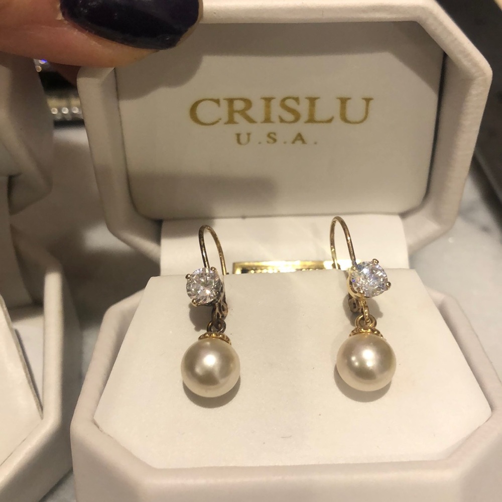Stunning Cubic Zirconia/Pearl Drop 14K Gold Vermeil French Wires, Boutique